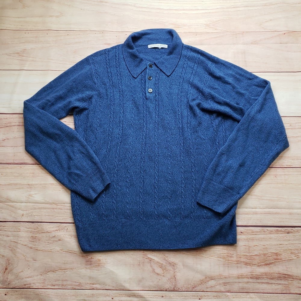Geoffrey Beene Polo Sweater Mens Large Blue Cable Knit Long Sleeve Button Collar
